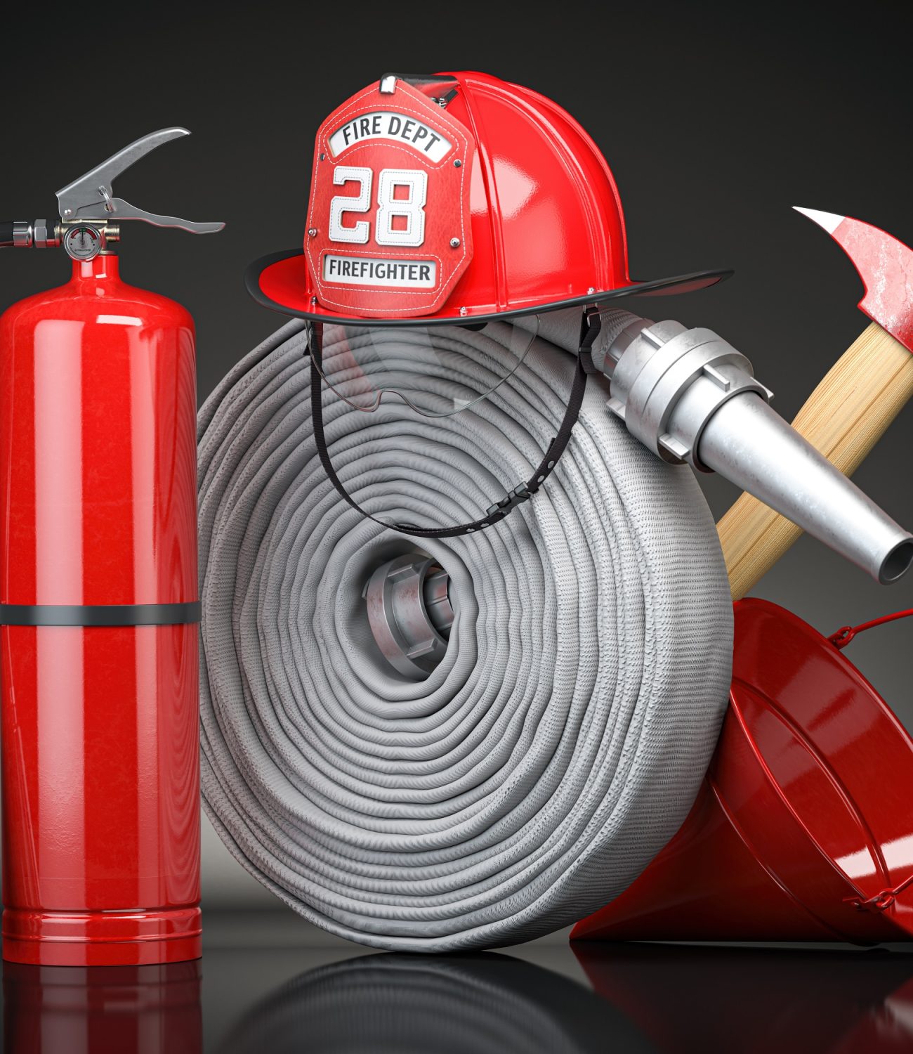 Firefighter equipment and tools. Fire hose, fire hat, extinguisher and axe, symbols of firefighter profession. 3d illustration